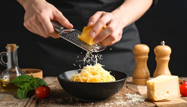 Chef grating fresh Parmesan cheese over a delicious bowl of pasta in a rustic kitchen.