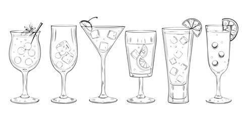 Collection of six hand drawn cocktail glasses filled with ice and garnishes on a white background