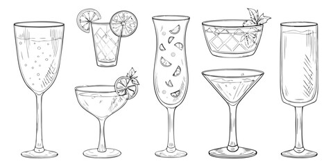 Collection of hand drawn cocktail glasses filled with refreshing drinks and garnished with citrus slices and mint leaves