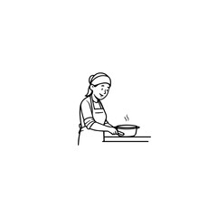 Black and White Vector Illustration of a Smiling Woman Cooking in Kitchen with Apron and Headband
