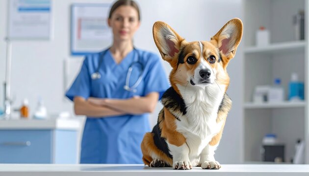 A corgi sits patiently on a veterinary examination table, awaiting its checkup, with a veterinarian in the background.