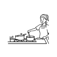 Black and White Vector Illustration of a Smiling Woman Cooking in Kitchen with Apron and Headband

