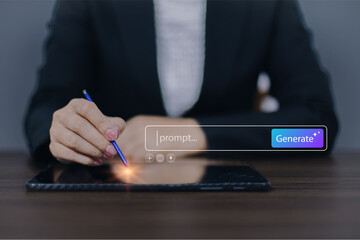 Prompt AI generation concept. Woman using Tablet to enter AI prompt and generate digital content, and productivity tools for content creation and marketing
