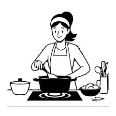 Black and White Vector Illustration of a Smiling Woman Cooking in Kitchen with Apron and Headband

