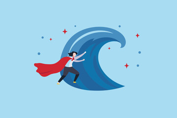 Determined businesswoman in red cape bravely facing a large blue wave symbolizing challenges and success
