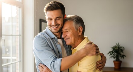 Fototapeta premium A young man warmly embraces his smiling father, sharing a moment of love and connection.