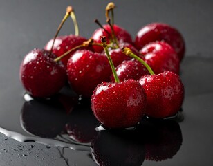 Fresh cherries, glistening with water droplets on a dark surface