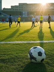 Fototapeta premium Soccer ball on grass with players practicing in the background during sunset