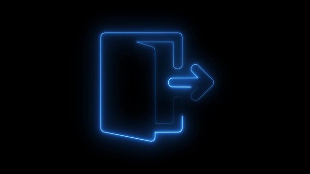 logout icon animation neon glowing exit sign sign symbol. Neon log out arrow on black background .4k Video motion graphic animation.