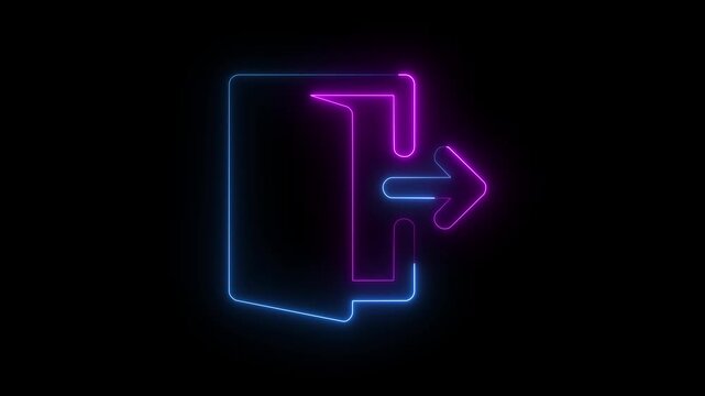 logout icon animation neon glowing exit sign sign symbol. Neon log out arrow on black background .4k Video motion graphic animation.