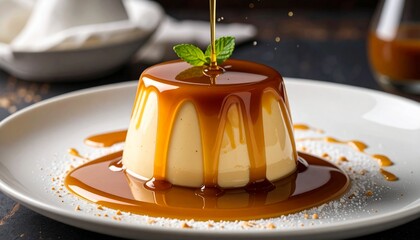 Delicious caramel sauce being poured over a creamy panna cotta dessert.