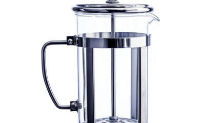 French press coffee maker glass and metal, (clean modern detail, transparent isolated background	