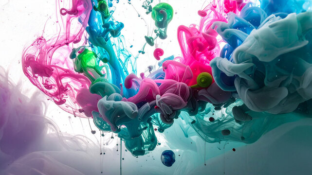 A vibrant and captivating abstract of multi-colored ink swirling in water. The vivid pink, blue, and green splashes form soft, cloud-like shapes with delicate trails, creating a dynamic, artistic back