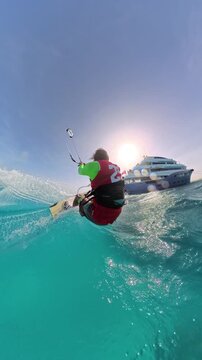Kitesurfer Jumping Near Cruise Yacht Sea Fox, Geisun Island, Red Sea, Egypt - May 2025