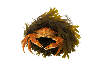 A vibrant orange crab rests amidst a cluster of dark and light green seaweed, creating a captivating visual display against a stark black background.