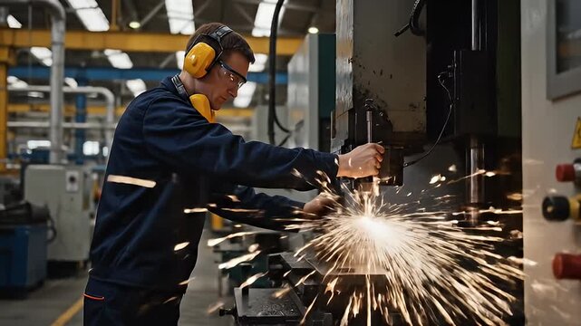 Skilled male worker in safety gear operating heavy machinery, creating bright sparks on metal