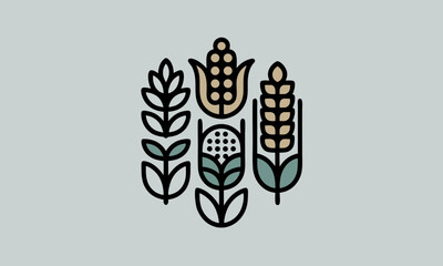 Stylized illustration of various grain crops in a minimalist design.