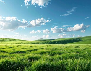 Fototapeta premium Serene Green Landscape Under Bright Blue Sky with Fluffy Clouds
