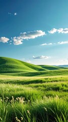 Fototapeta premium Serene Green Hills and Blue Sky with Fluffy White Clouds
