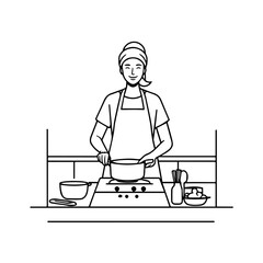 Black and White Vector Illustration of a Smiling Woman Cooking in Kitchen with Apron and Headband