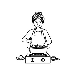 Black and White Vector Illustration of a Smiling Woman Cooking in Kitchen with Apron and Headband
