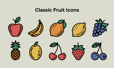 Collection of Stylized Fruit Icons in a Flat Design.