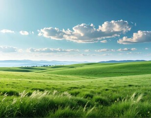 Fototapeta premium Serene Green Meadow Under Bright Sky with Fluffy Clouds