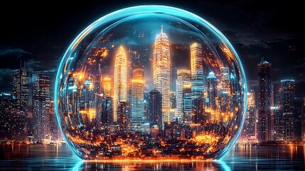 Mirrorless camera 50mm lens focusing on glowing skyscraper cluster inside globe, natural side light highlights architectural glow, soft reflections on curved glass edges