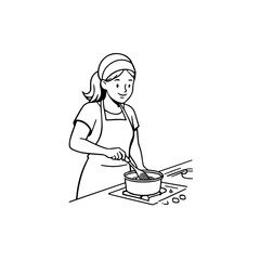 Black and White Vector Illustration of a Smiling Woman Cooking in Kitchen with Apron and Headband