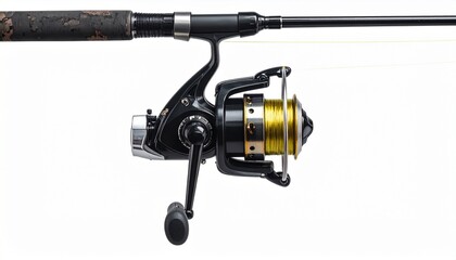 Modern spinning fishing rod with a black and gold reel isolated on a white background.