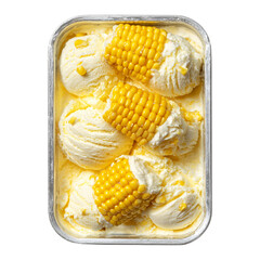 Top-down view of sweet corn ice cream in a metal tray png