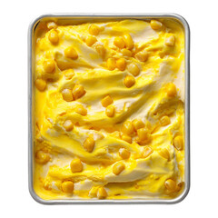 Top-down view of sweet corn ice cream in a metal tray png