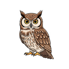 Obraz premium Stylized vector illustration of a brown great horned owl with piercing yellow eyes