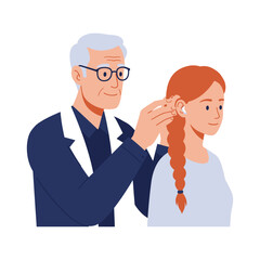 Vector art of audiologist examining a young womans ear with a hearing aid