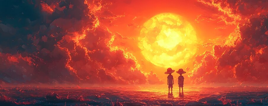 Two children in large hats gaze at a giant fiery sun and dramatic clouds over the water