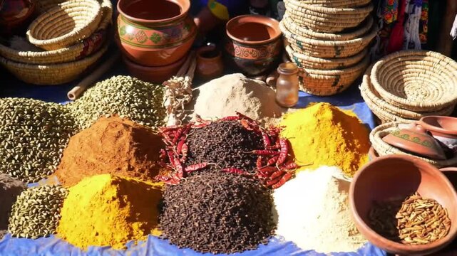 Top-down view of traditional marketplace table with spices and handmade items, bright colors, cultural authenticity, clean composition, no visible branding.