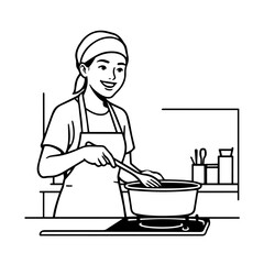 Black and White Vector Illustration of a Smiling Woman Cooking in Kitchen with Apron and Headband