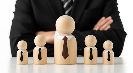 Wooden figures with ties and a person in a suit business people