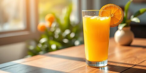 Glass of freshly squeezed orange juice on wooden table, sunlight,   organic,   product