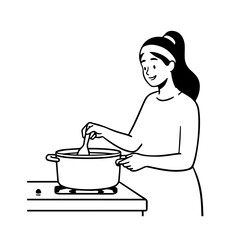 Black and White Vector Illustration of a Smiling Woman Cooking in Kitchen with Apron and Headband