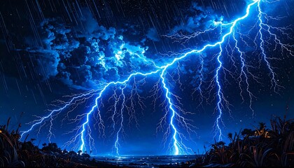 Dramatic lightning storm over the ocean at night