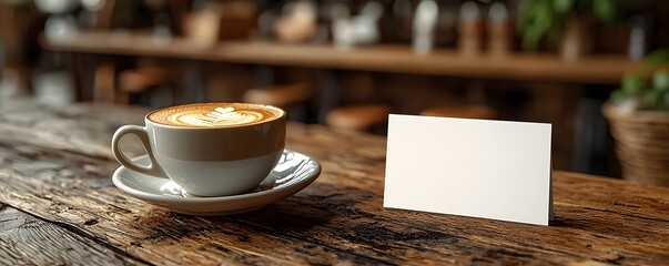 A fresh cappuccino with latte art rests on a rustic wooden table beside a blank gift card in a cozy cafe