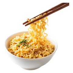 Chopsticks lifting spicy instant ramen noodles from a bowl png