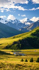 Majestic Mountain Landscape with Green Valleys and Snow-Capped Peaks