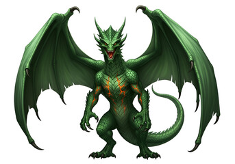 Fototapeta premium A magnificent, emerald-green dragon, with detailed scales and fiery accents, commands the image with outstretched wings against a black backdrop.