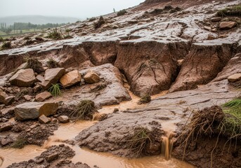 Erosion Landscape with Water Flow and Rocky Terrain in Foggy Conditions
