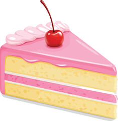 Delicious pink layer cake slice with cherry on top sweet dessert food photography vector