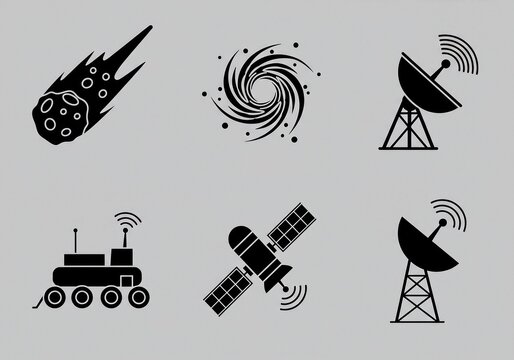 Collection of black and white space-related icons, including a comet and satellite.