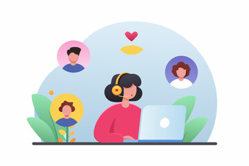 Customer service representative wearing headset and working on laptop connecting with clients through video calls