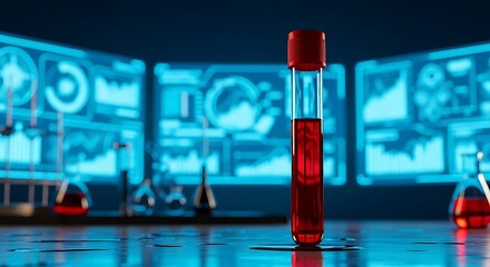 Red liquid in test tube with digital displays laboratory